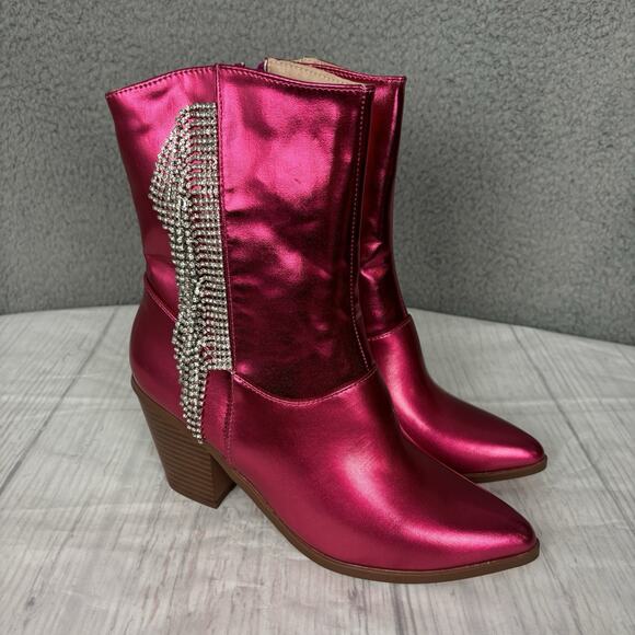 Chase & Chloe Women's Western Mid Calf Boots Cowgirl Size 7.5 Fuchsia Metallic - Picture 2 of 15
